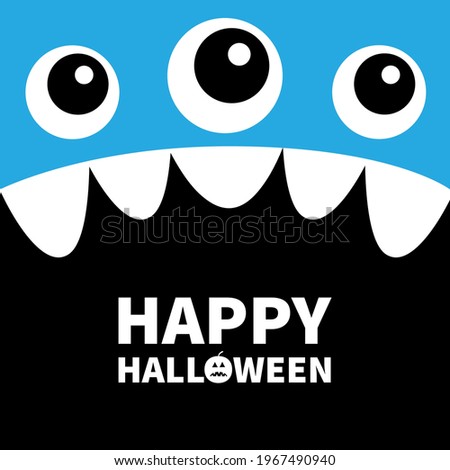 Happy Halloween. Monster head. Boo Spooky Screaming face emotion. Thtree eyes, teeth fang, mouse. Square head. Cute cartoon character. Flat design. Blue color. Black background template. Vector