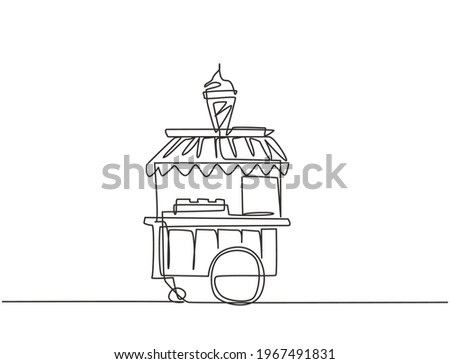 Single one line drawing of ice cream booth at amusement park using a two-wheeled cart with an ice cream logo. Sweet and very tasty food concept. Continuous line draw design graphic vector illustration