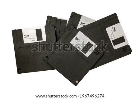 Diskettes isolated, Vintage diskettes, Defocus on black floppy disk, Retro technology.   
