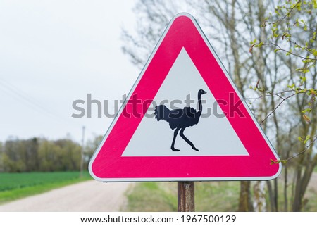 Red road sign caution ostrich