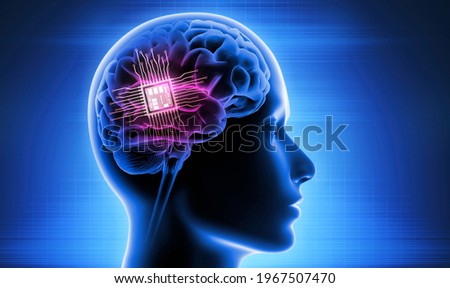 Micro chip and human brain - Neuron technology concept - 3D illustration