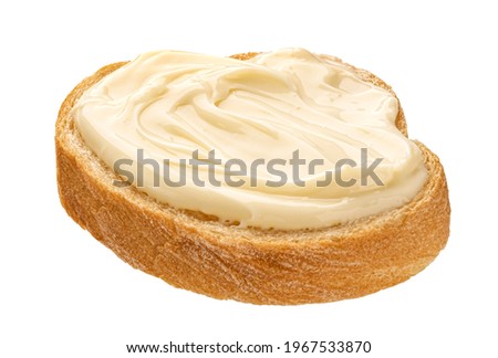 Slice of bread with cream cheese isolated on white background, toast with melted cheese Royalty-Free Stock Photo #1967533870