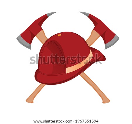 a red firefighter helmet and two red axes isolated on a white background