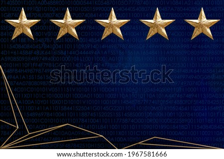 five gold foil star on blue background, golden lines, triangles, concept of evaluating the result, rating, Satisfaction