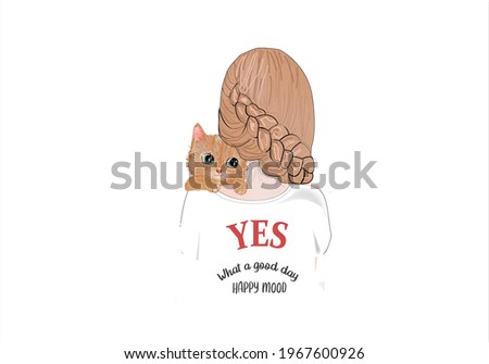cat and girl vector art  design fashion trendy stylish girl with her cute cat positive quote slogan text