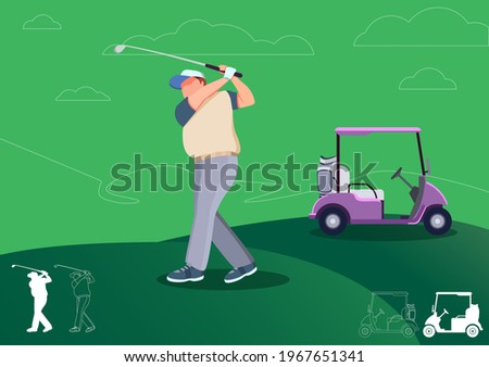 Executive Men Playing Golf And golf cart play golf with golf clubs on green grass, cartoon , silhouettes, bundle vector illustration. character in different position.
