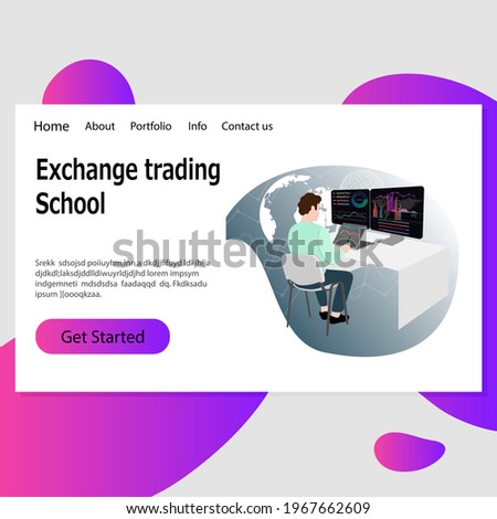 Exchange trading school landing template . broker school, education cryptocurrency and studying buy sell bill illustration