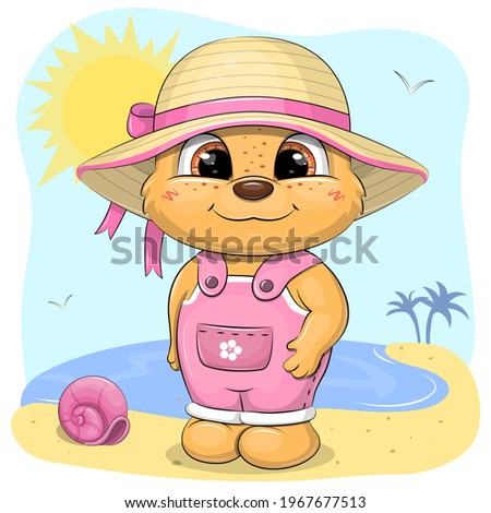 Cute cartoon baby bear in summer hat on the beach. Summer vector illustration with sun and water.