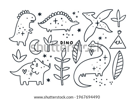 Cute baby outline dinosaurs collection. Space dino hand drawn illustration for kids. Cartoon wild animals set with fantasy dinosaur. Line art silhouette dinosaurs