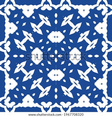 Ethnic ceramic tile in portuguese azulejo. Vector seamless pattern trellis. Hand drawn design. Blue vintage ornament for surface texture, towels, pillows, wallpaper, print, web background.