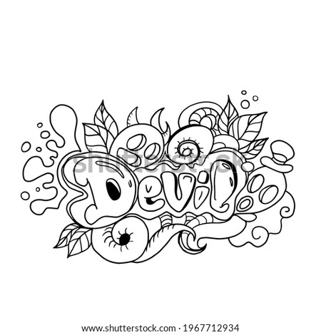 Vector design on a white isolated background for coloring,anti-stress.Devil text with monsters