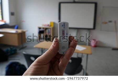 School Room And Antigen Self-Test In The Teacher Hand, Covid-19, Safety Measures In The Country, Germany. Royalty-Free Stock Photo #1967737972