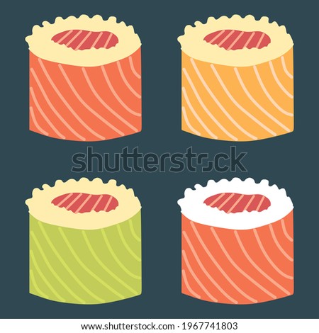 Vector illustration set of sushi rolled in salmon meat, restaurant theme and japanese cuisine, perfect for advertising of food products