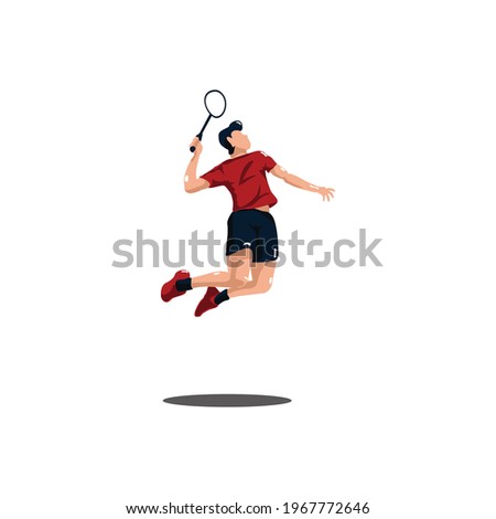 men badminton player jumping smash at court - sport men are playing badminton attack with jumping smash isolated on white