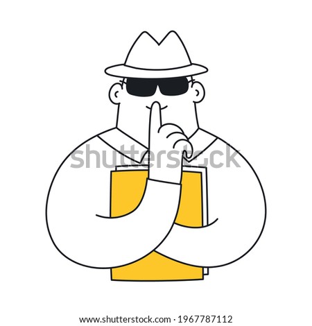 Confident information, a secret man in a hat and glasses hides some important documents. Thin line vector illustration on white.  Royalty-Free Stock Photo #1967787112