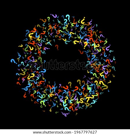 Question marks scattered on black background. Quiz, doubt, poll, survey, faq, interrogation, query background. Multicolored template for opinion poll, public poll. Rainbow color. Vector illustration.