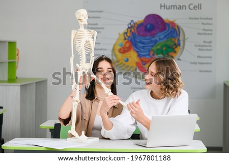 Two beautiful high school students study biology with human skeleton model and laptop at desk of modern classroom Royalty-Free Stock Photo #1967801188