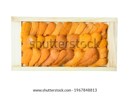 Bafun urchin or uni in wooden box. White background. Top view picture.