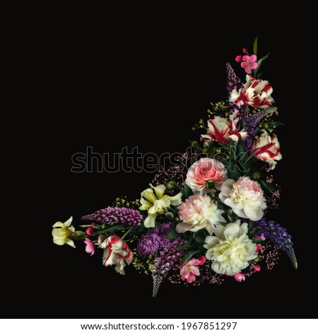 Floral collage on black background. Digital art. 