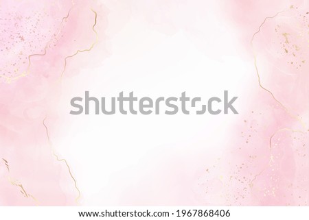 Rose liquid watercolor background with golden crackers. Pastel pink marble alcohol ink drawing effect. Vector illustration of elegant wallpaper for wedding invitation or greeting card.