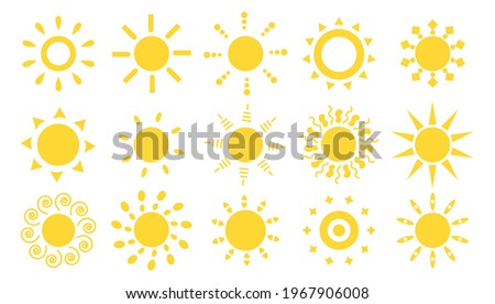 Set of flat sun icon for weather design. Summer symbol for web button, mobile app, website design on white background. For children greeting card.