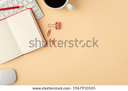 Top view photo of white keyboard mouse stationery open red reminder pencil binder clip pin and cup of coffee on isolated beige background with copyspace