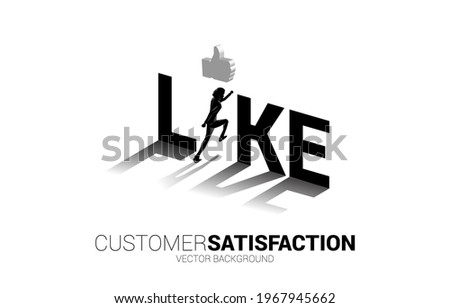 Silhouette businessman running to 3D thumb up icon in like wording. concept of customer satisfaction , client rating and ranking.