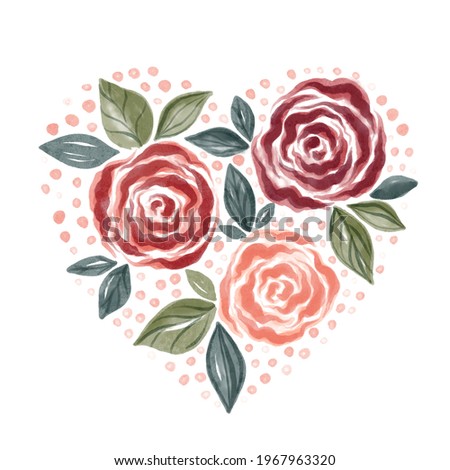 Watercolor rose and heart clip art isolated on white background 