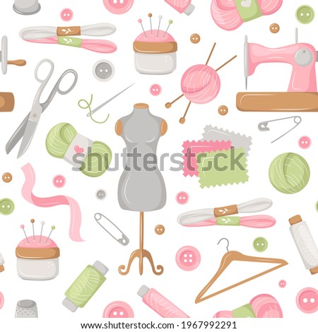 Seamless pattern with sewing and knitting tools, drawn in cartoon style for tailor shop. Delicate pink vector background. Fashion illustration with a set of objects, the profession of a draper. 