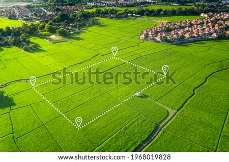 Land plot in aerial view. Gps registration survey of property, real estate for map with location, area. Concept for residential construction, development. Also home or house for sale, buy, investment. Royalty-Free Stock Photo #1968019828