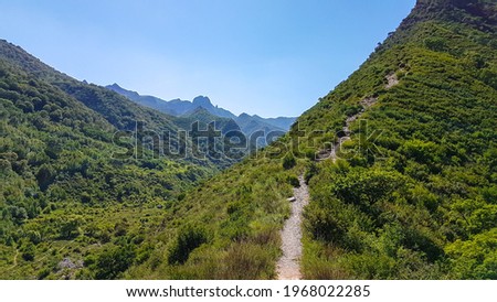 A panoramic view on Daqing mountains in Inner Mongolia. Endless mountain chains. The slopes are overgrown with small bushes and grass. Desolated landscape. Clear and sunny. Bio diversity of a region Royalty-Free Stock Photo #1968022285