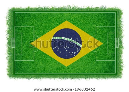 Brazil flag on soccer field with realistic grass texture, Vector illustration 