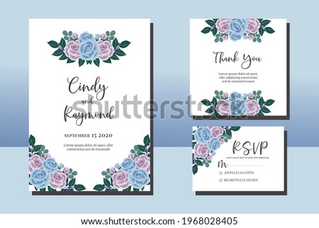 Wedding invitation frame set, floral watercolor hand drawn Blue and Purple Rose Flower design Invitation Card Template