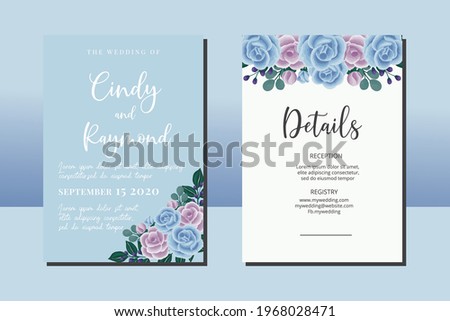 Wedding invitation frame set, floral watercolor hand drawn Blue and Purple Rose Flower design Invitation Card Template