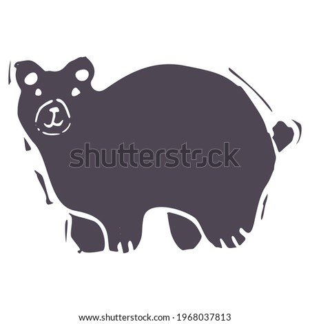 Hand carved bold block print bear icon clip art. Folk illustration design element. Modern boho decorative linocut. Ethnic muted natural tones. Isolated rustic vector motif. 
