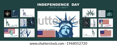 Independence day portrait Statue of Liberty, poster presentation. Set of green flat design templates. USA flag Holiday. The national symbol of America New York, banner.Name of advertising text, vector
