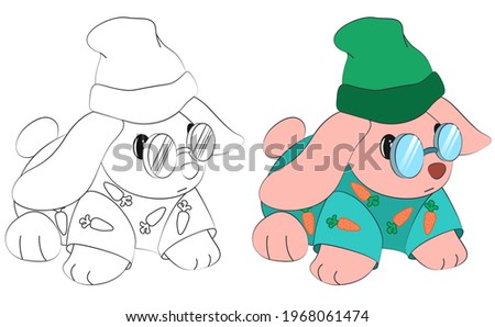 Cute rabbit in a hat, glasses, and a T-shirt. Cute flat vector illustrations in children's cartoon style. A funny character. Isolated on white background
