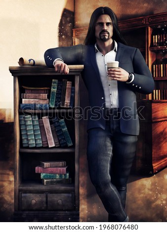 University professor with long hair standing in a library with old books and holding a coffee cup. 3D illustration.