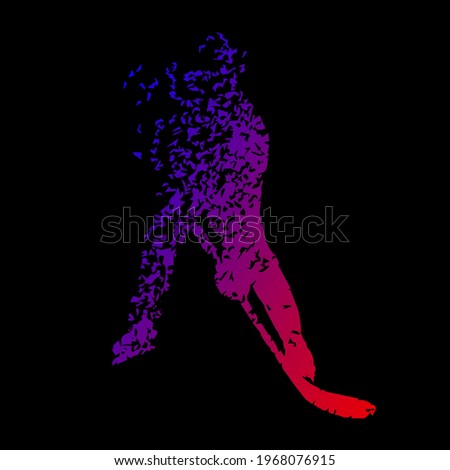 Modern silhouette of a dark blue-pink hockey player on a black background. Abstract art vector graphics, the divergent composition of particles.