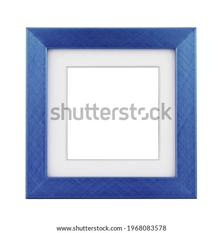 Square blue blank picture frame with passe-partout for photographs isolated on white background. Front view