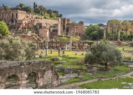Beautiful view of Rome in Italy. Ancient historical ruins of architectural landmark of western culture. The Roman Forum buildings, columns, and temples on a sunny day with blue sky and before a storm.