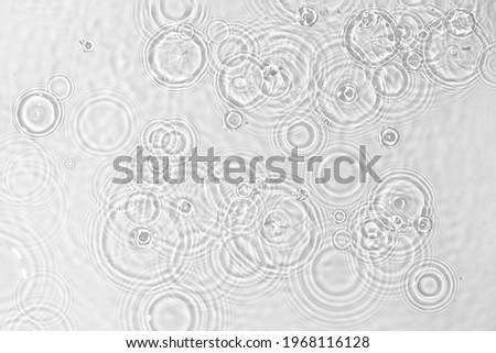 de-focused. Blurred desaturated transparent clear calm water surface texture with ripples, splashes and bubbles. Trendy abstract nature background. White-grey water waves in sunlight. Copy space.