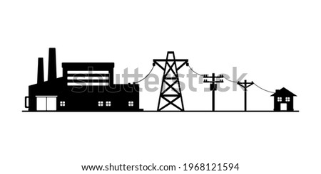Power plant generates electricity to transmit electricity to electric poles and house icon flat vector. Royalty-Free Stock Photo #1968121594