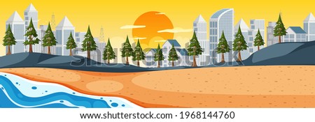 Beach horizontal scene at sunrise time with city background illustration