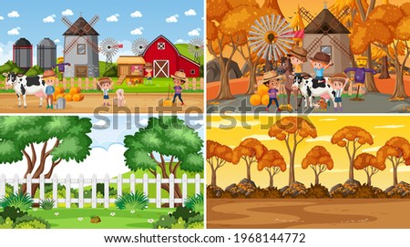 Set of different nature scenes cartoon style illustration