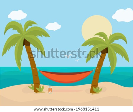 Hammock with palm trees on a beach. Tropical background with the sea. Vector flat design
