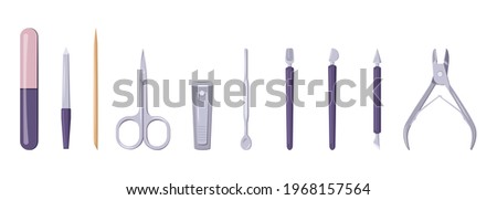 A set of tools for manicure and pedicure. Scissors, tweezers and nail file icons. Elements for beauty salon and hand and finger care at home. Vector flat illustration