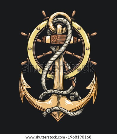 Ship Anchor and Steering Wheel drawn in Tattoo style. Vector illustration.