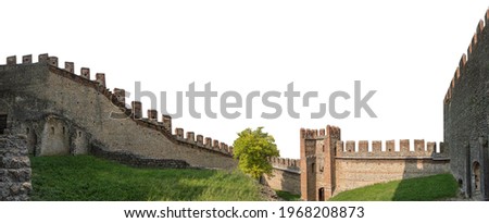 Medieval castle battlement isolated on white background Royalty-Free Stock Photo #1968208873