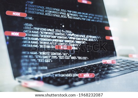 Multi exposure of abstract graphic coding sketch on modern computer background, big data and networking concept